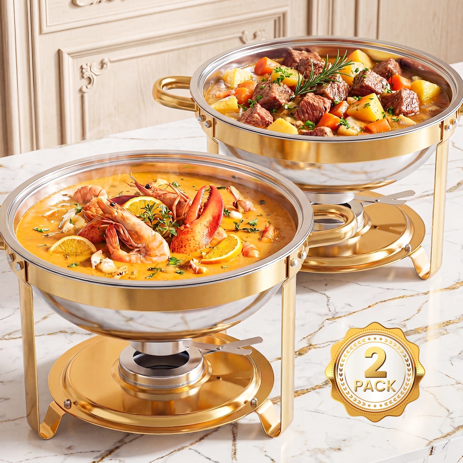 Image of Chafing Dishes For Buffet Set, 1/2/4/6 Pack 6qt, No Assemble 408 Stainless Steel Food Warmers For Catering, Parties & Events, All Golden Colors Chafing Dish Buffet Set- Cooking