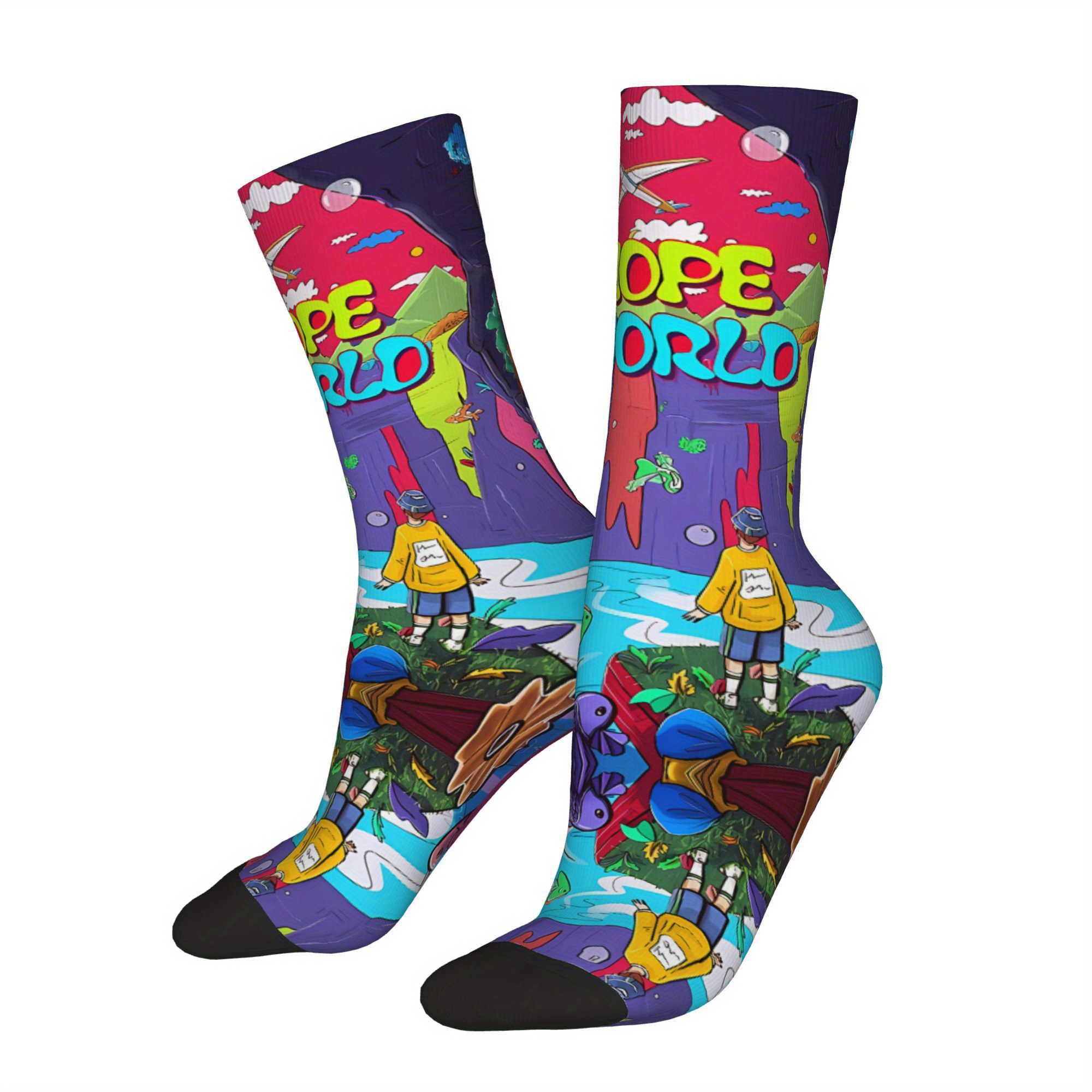 

1 Pair Men's Novelty Socks, Retro Hip Hop "hope World" Print, Crew Socks, Polyester & Spandex, Hand Wash Or , Knit Fabric, Idea