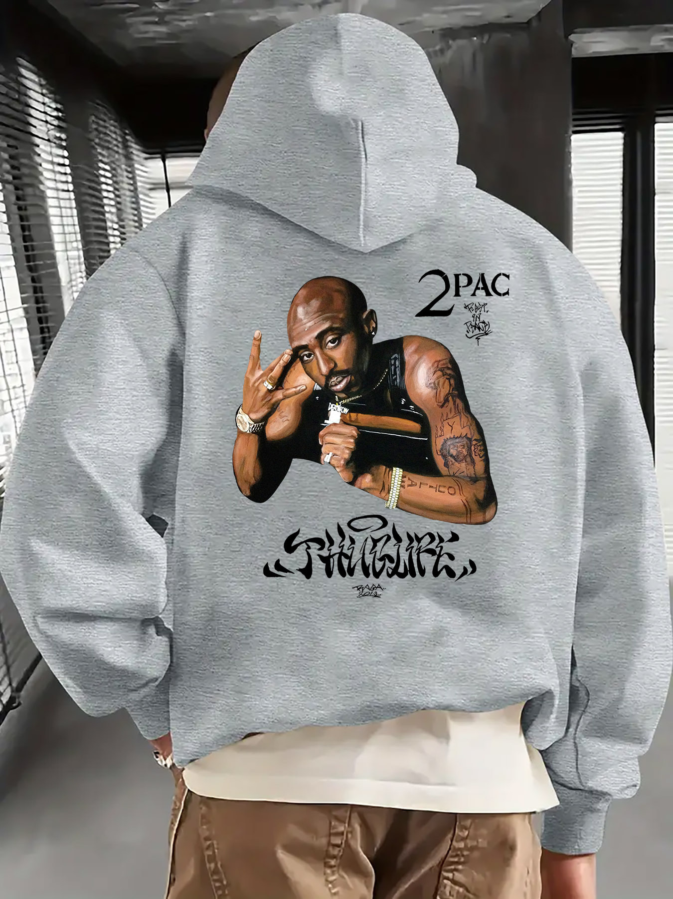 Men'S Casual Hoodie Featuring a "2Pac Rap Hand-Drawn" Print on The Back, Long-Sleeve Pullover with a Front Pocket, Machine Washable, Warm Sweater for Autumn And Winter, Everyday Pullover, Durable Patterned Sweatshirt. - Image 2