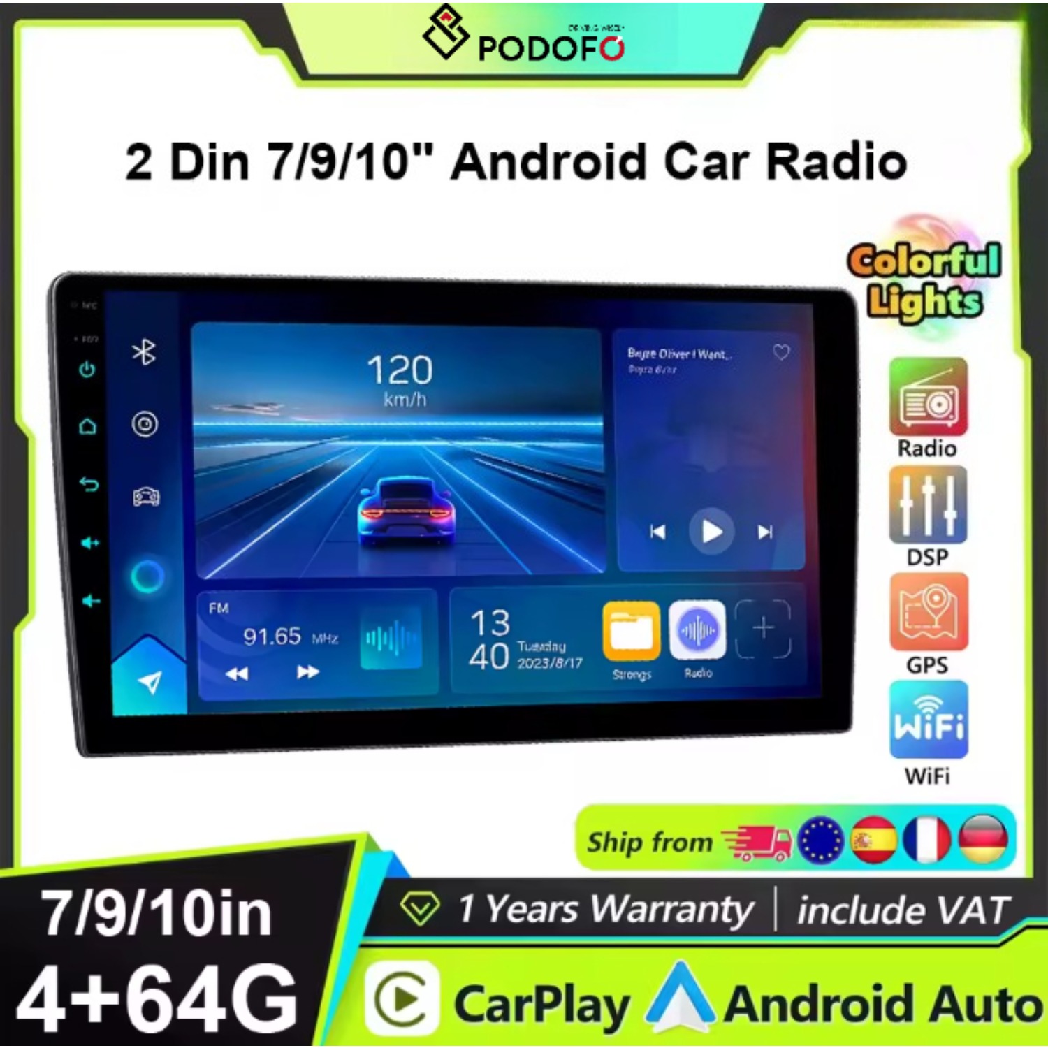 Podofo 5-inch Portable Motorcycle Smart Player, Featuring And Auto, Includes A 5.0 Wireless Connection, Gps Navigation, Voice Control, Auto-brightness, And Is Suitable For Scooters.