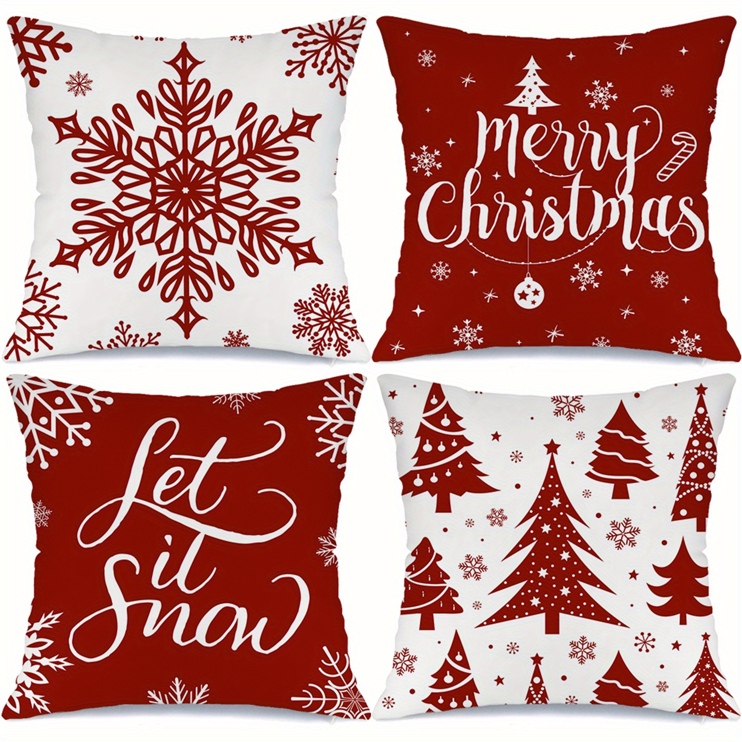 4pcs Christmas Throw Pillow Covers - Merry Christmas Christmas Tree Snowflake Christmas Ornament Designs, Zip Closure, Farmhouse Winter Holiday Decorative Cushion Case for Bedroom Sofa Couch