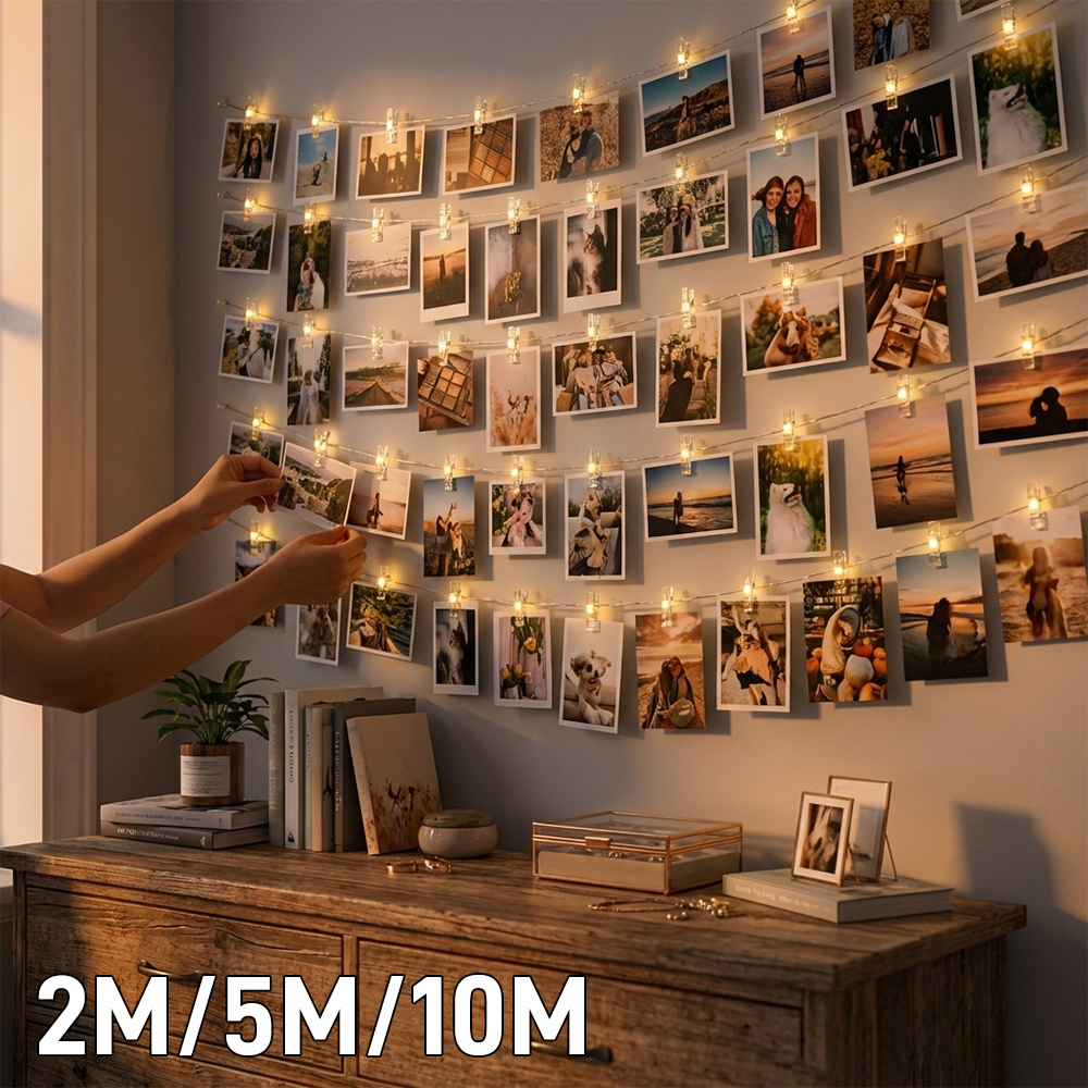 TEMU 1pc, Photo Clip String Lights, Battery Powered, 100/50/20 Leds With 50/25/10 Clips, Warm White, Wall Decor Fairy Lights, Thanksgiving, For Party