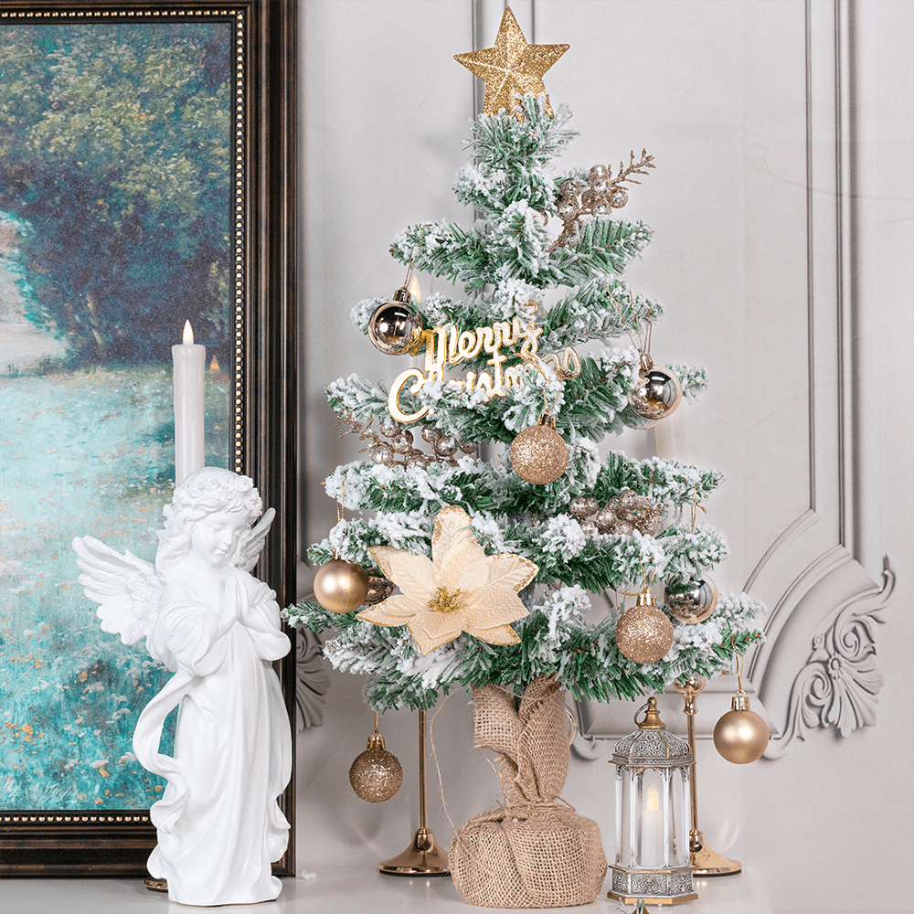 23.62inch Artificial Flocked Christmas Tree with Golden Ornaments, Star Topper & White Garland - Pre-Decorated Full Tree with Flocked Branches, Plastic Base for / Holiday Tabletop, Corner, Mantel - Easy Setup (No)