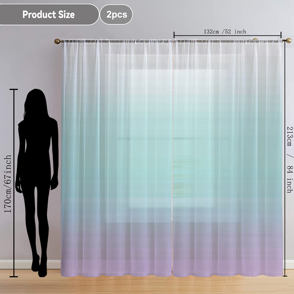 TEMU 2pcs Gradient Color Simple Stripe Print Window Curtain Style With Rod Pocket Decoration Window Curtain Home Flowing Sheer Curtains Suitable For