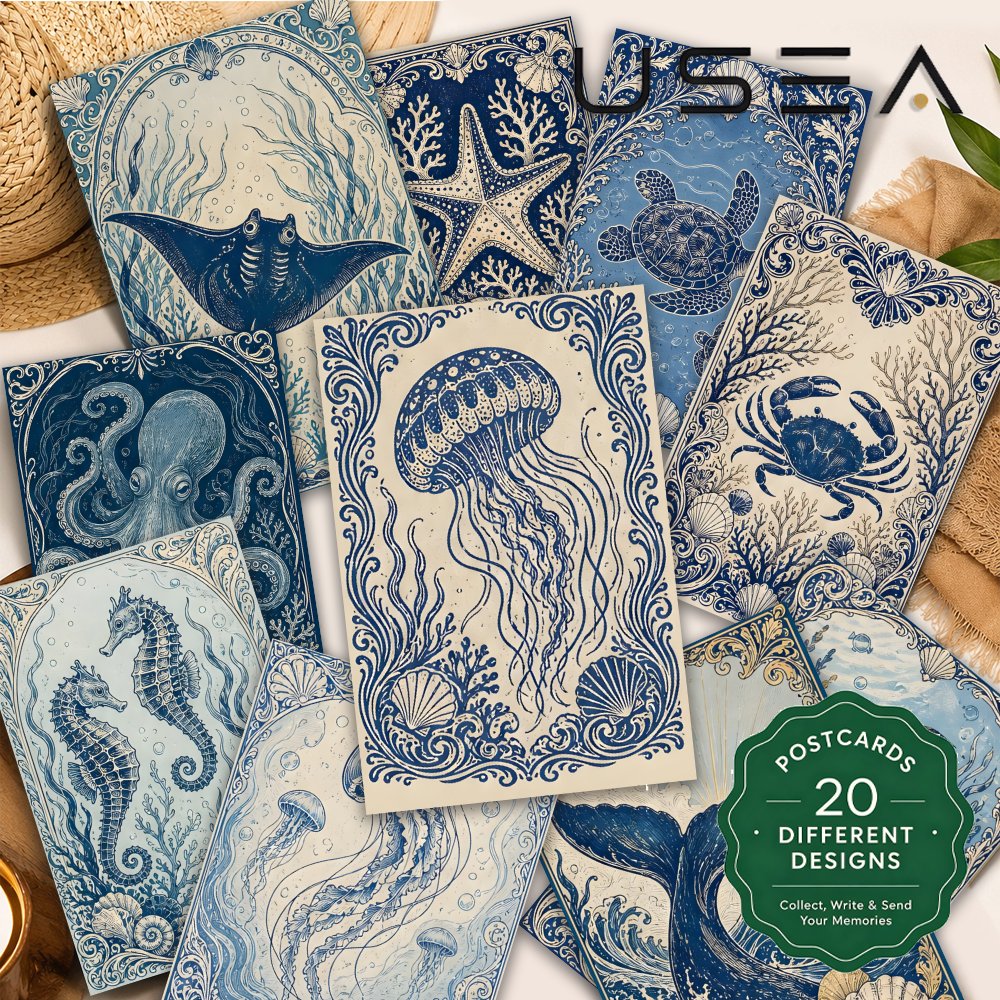 TEMU Ensemble de 20 cartes postales nautiques vintage, assortiment de cartes postales décoratives d'art sur le thème l'océan bleu pour l'envoi par la