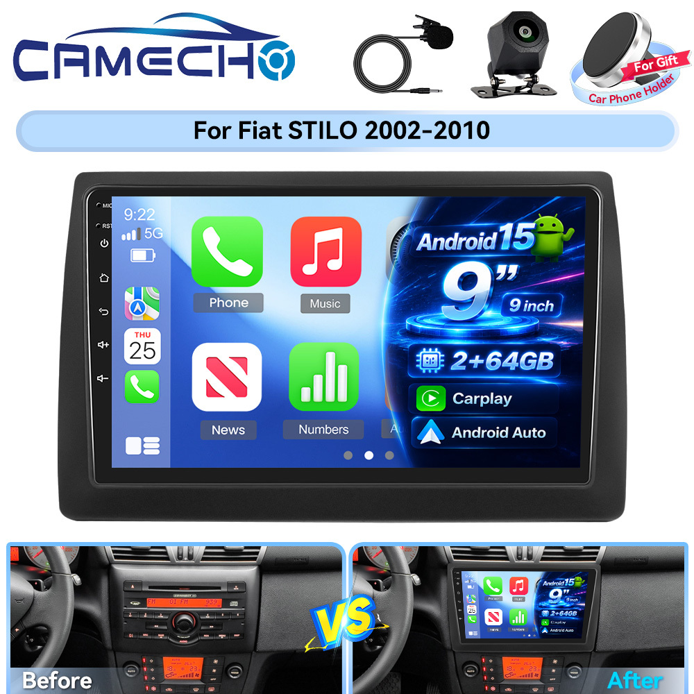Image of Camecho [2g+64g] 15.0 Dsp Car Stereo Radio For Fiat Stilo 2002-2010 (left-hand Drive) With Auto , 9-inch Hd Ips Touch Screen Bt Car Radio Wifi With Rear Camera Mic, Car Phone Holder, Local
