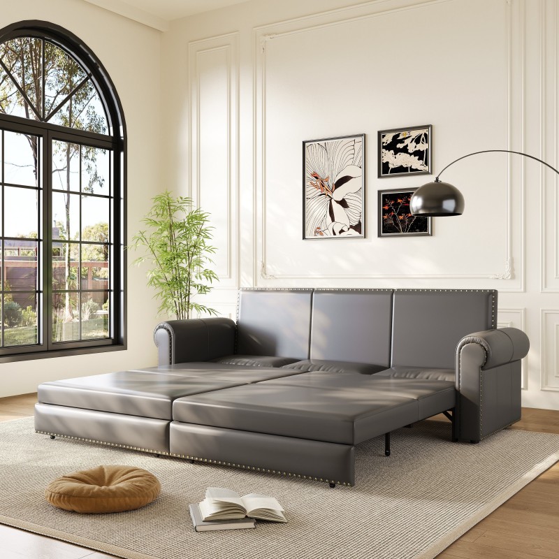 Modern Convertible Sofa Bed 93.7' Space-Saving Sleeper with Pull-Out Design Three-Seater Leather Folding Transformable Durable Luxurious Suitable Adjustable Backrest Plush Cushions Cozy for Living Room