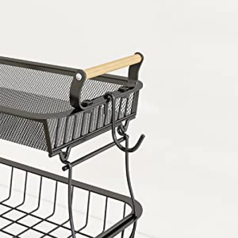 Panier à fruits métallique 3 étages Miyawell avec 2 porte-bananes - Organisateur de cuisine empilable et gain de place, grande capacité en maille aérée pour fruits, légumes et snacks, support de comptoir noir moderne, panier à fruits pour plan de travail, design industriel élégant, poignées en bois, étagères à paniers