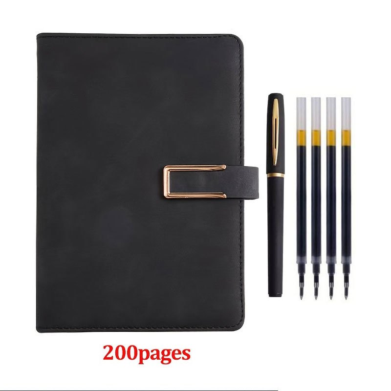 TEMU 6pcs Set A Vintage A5 Leather Notebook And A Black And Pens And 4 Refills, 200 Pages With Leather Cover, Featuring A Softcover And Bookmark