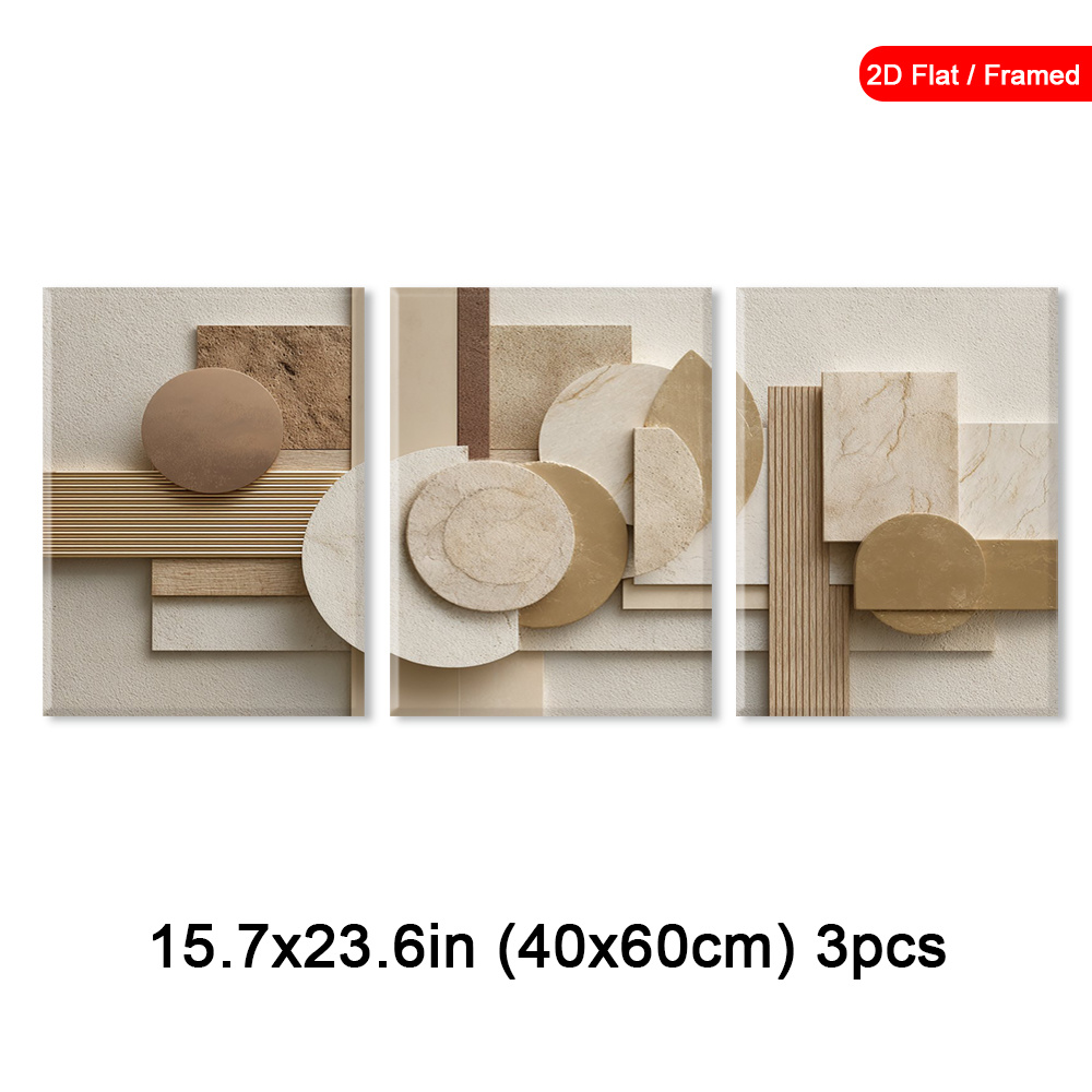 TEMU 2d Flat, 2d Flat, Set Of 3 Framed Abstract Geometric Wall Art Pieces, Featuring Canvas Paintings In Neutral Colors, Geometric Shapes For Modern