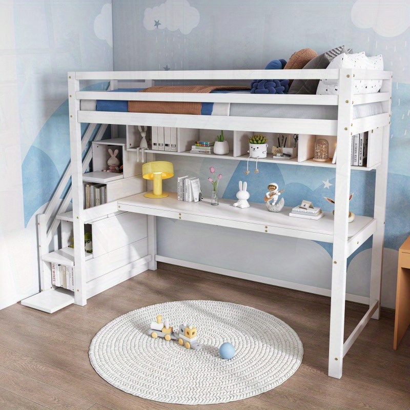 Wooden Bunk Bed 90190cm Loft Bed with Storage Stairs Made of Pine Wood Bed with Large Desk and Sheets with Slatted Frame White
