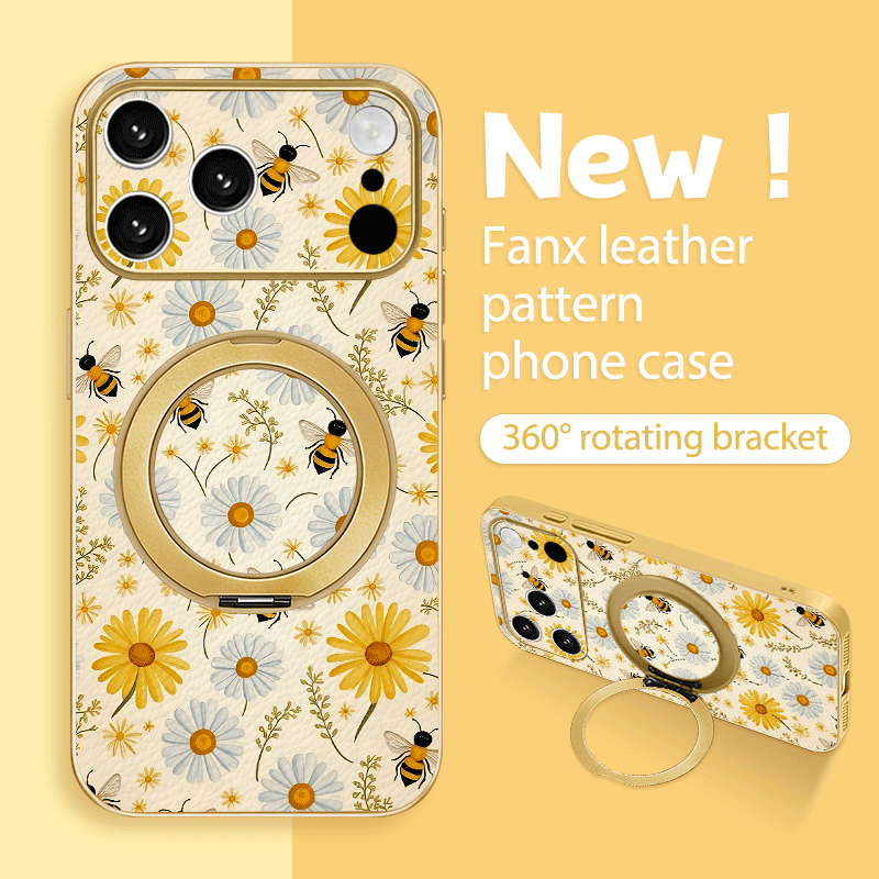 TEMU Phone Case - New Metallic Paint Uv Printing Phone Case With 360° Rotatable Ring Stand, Daisy And Bee Full Pattern For Iphone