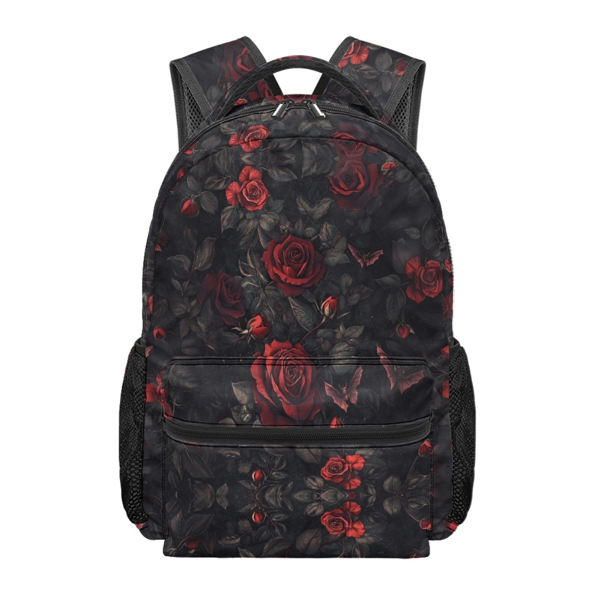 TEMU A Stylish Printed Backpack Featuring Gothic Red Roses And Black Foliage, Made From Lightweight And Durable Material. It Includes Adjustable