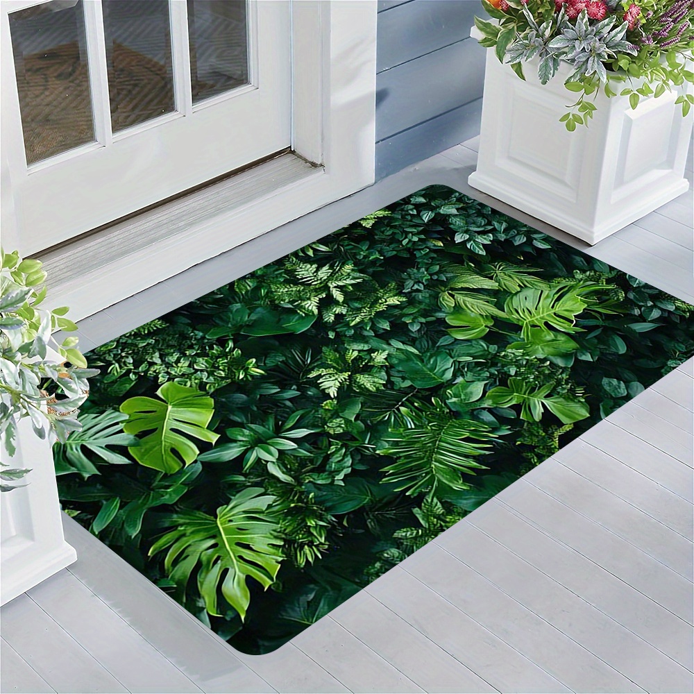 TEMU 1pc Green Leaf Pattern Printed Outdoor Door Mat, Flannel Decorative Mat, Suitable For Indoor/outdoor Entrance Doormat, Living Room, Bedroom,