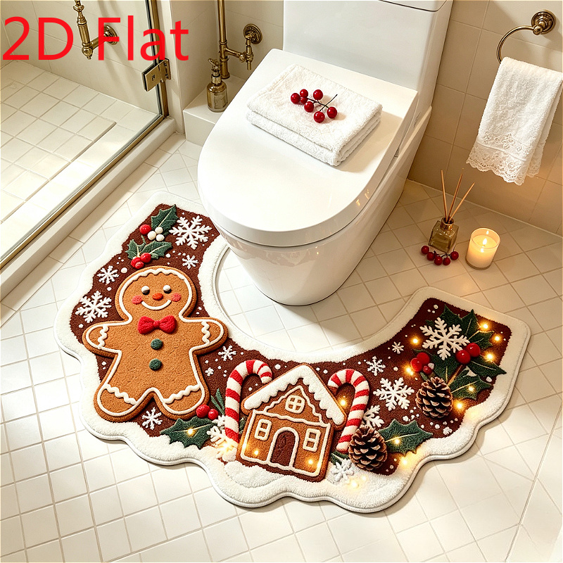 TEMU Velvet 900g+9mm 2d Flat Christmas Gingerbread Man Bathroom Toilet Anti-slip Mat Christmas Atmosphere Bathroom Curved Carpet Soft Comfortable