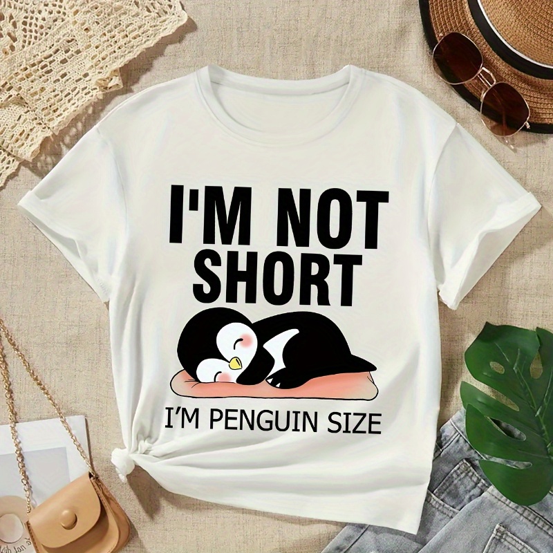 Girls' Short-Sleeve T-Shirt - 100% Cotton Loose Fit Casual Summer Top with Playful Penguin Graphic & "I'm Not Short I'm Penguin Size" Slogan - Breathable Round Neck Tee for Teens