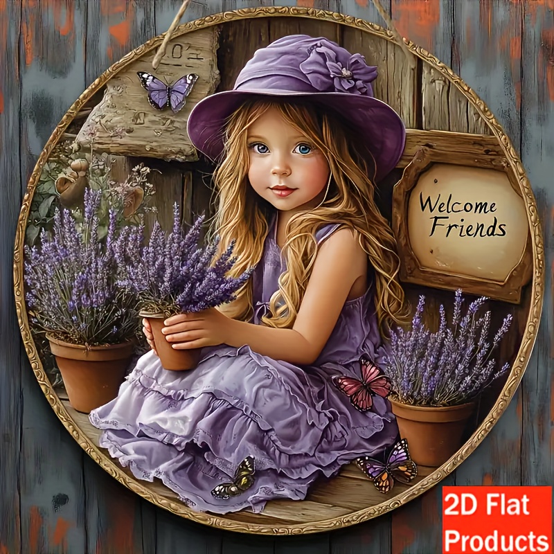 TEMU 2d Flat 1pc Vintage Round Wooden Decorative Sign, Lavender Girl Welcome Theme, For Bar Kitchen Living Room Office Decor, Holiday Gift, 5.85x5.85