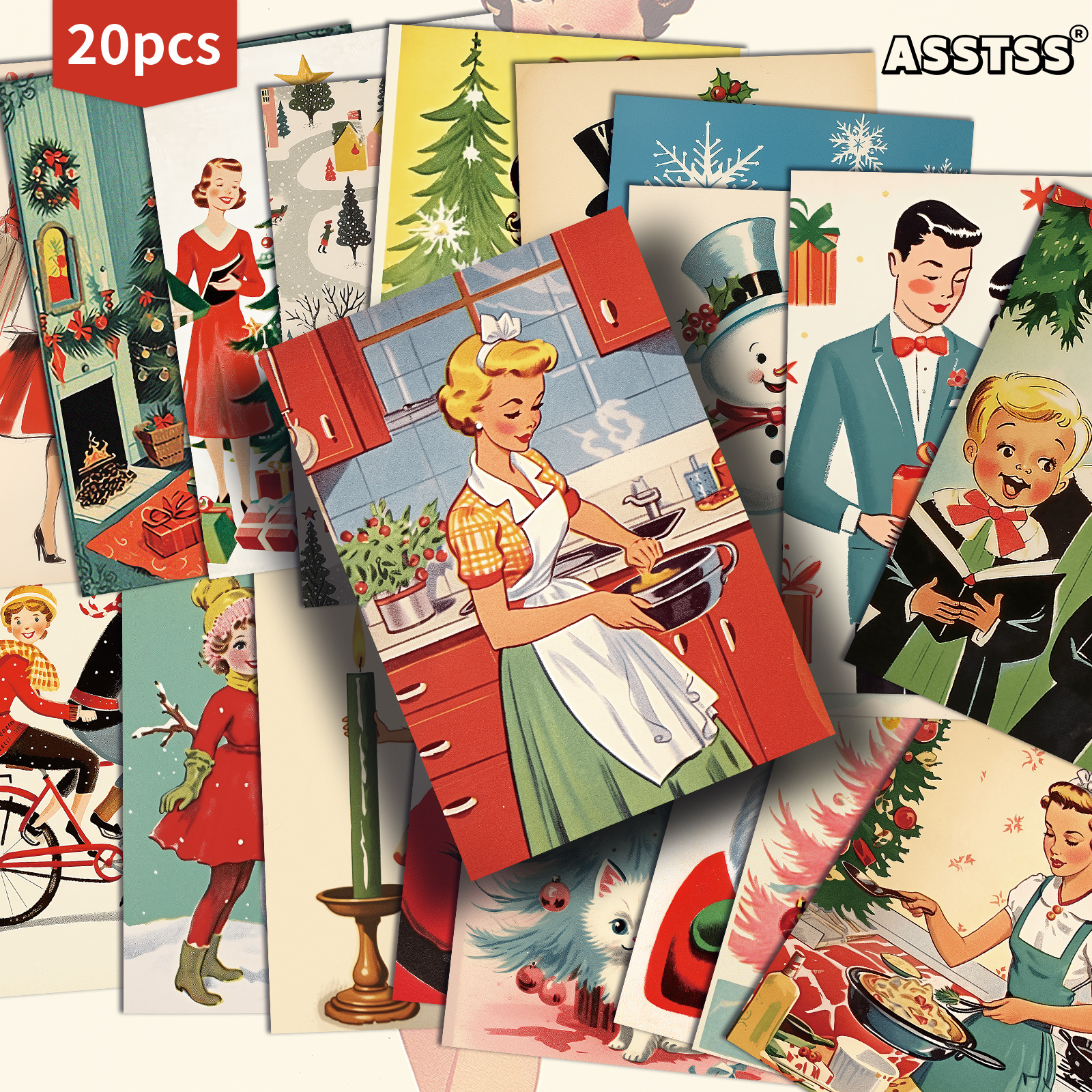 TEMU 20-pack Asstss 1950s Retro Christmas Greeting Cards - Vintage 1950s Pinup, 4x6 Junk Journal Pages With Mid-century Ads Style, Collectible 50s