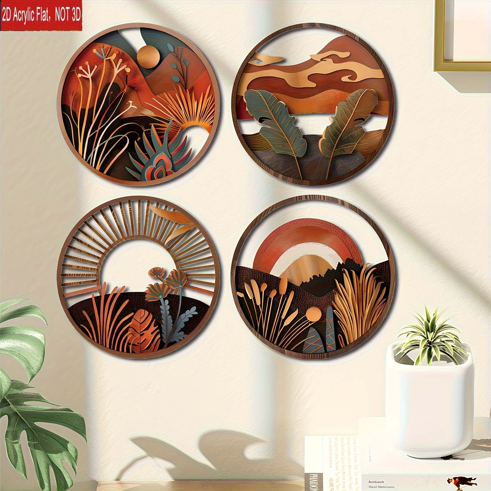 TEMU 4pcs Round Wooden Decorative Wall Hangings, Wood-carved Wall Decor, Bohemian Style, Natural Scenery, Housewarming Gift, Gift For , Holiday Gift