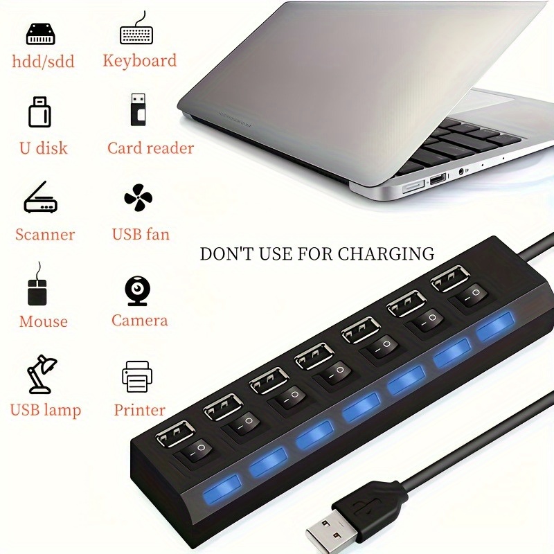 1pc Hub USB 2.0 Haute Vitesse avec Interrupteurs Individuels, 4 ou 7 Ports - Extendeur Alimenté par USB pour Disques, HDD, Clavier, Souris | Utilisation en Camping-Car, Non pour Chargement | Hub Multi-Appareils – Image 7