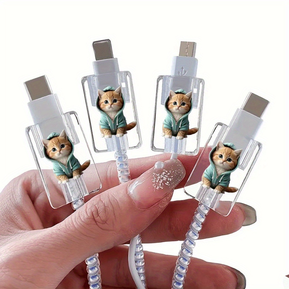 4pcs Cat Bite Wire Protector, Suitable For Ios Mobile Phone Charging Cable Fixing Clip Protective Cover Data Cable Anti-breakage, Cute Cat Data Cable Protector