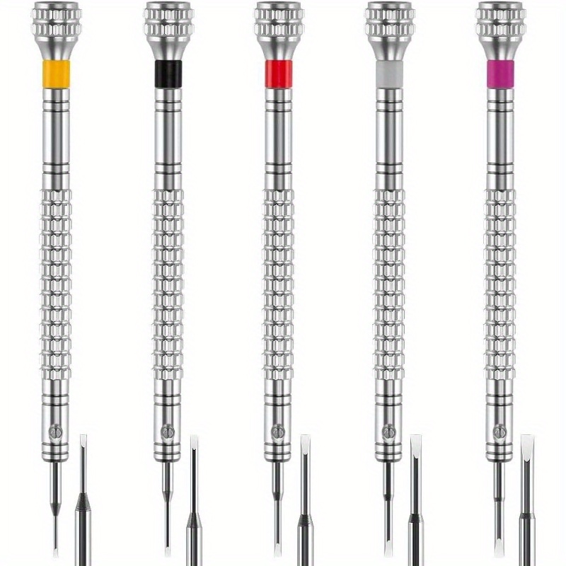 5pcs professional screwdriver set with 5 interchangeable blades - ergonomic handles, precision & flathead bits for watches, jewelry, glasses, toys repair - compact case, no power required, durable manual tool kit for diy & (  options), screwdriver all in one, screwdriver bit set, screwdriver for crafts, screwdriver kit, screwdriver set magnetic, watch repair, jewelry maintenance,   driver,   bits, sturdy construction, hobbyists and crafters Product details 1
