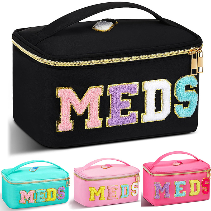 item picture Large Capacity High Quality PVC Cosmetic Bag with MEDS Lettering & Glittery Accent - Zippered Travel Organizer for Medication, Makeup, Toiletries - Easy to Clean & Wash, Durable Portable Storage Bag (Black/Pink/Turquoise) - Ideal for Travel, Medicine Storage Organizer, Medicine Storage Box, Make Up Storage Organizer, Make Up Case, Makeup Travel Case, Cosmetic Storage Organizer, Mini Item For Purse, Pencil Pouch, Pencil Case, Makeup Case, Make Up Pouche
