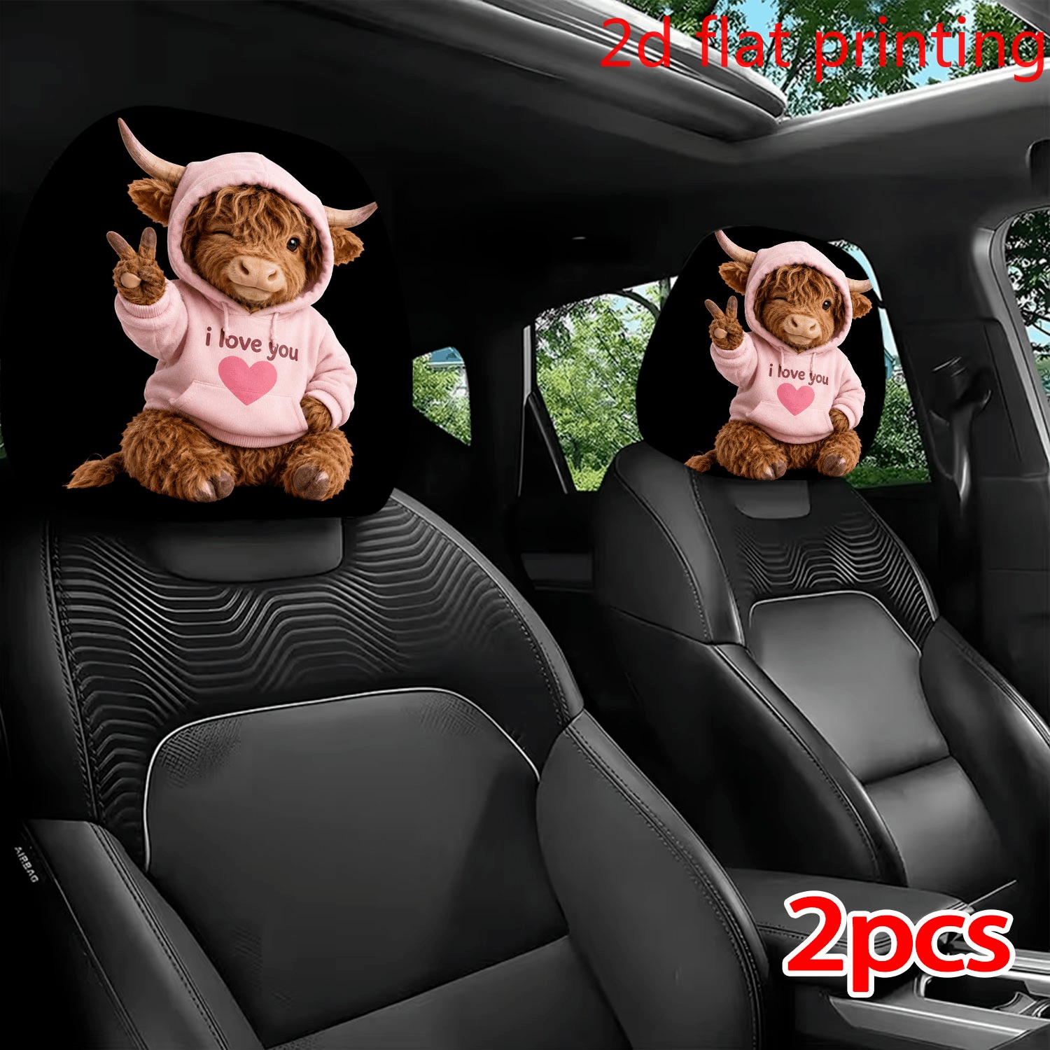 TEMU 2pcs Car Seat Cover Set 2d Flat Double-sided Printing, Featuring Pink Sweatshirt Highland Cow Biyé Character, Cute Trendy Soft Style, Sweet