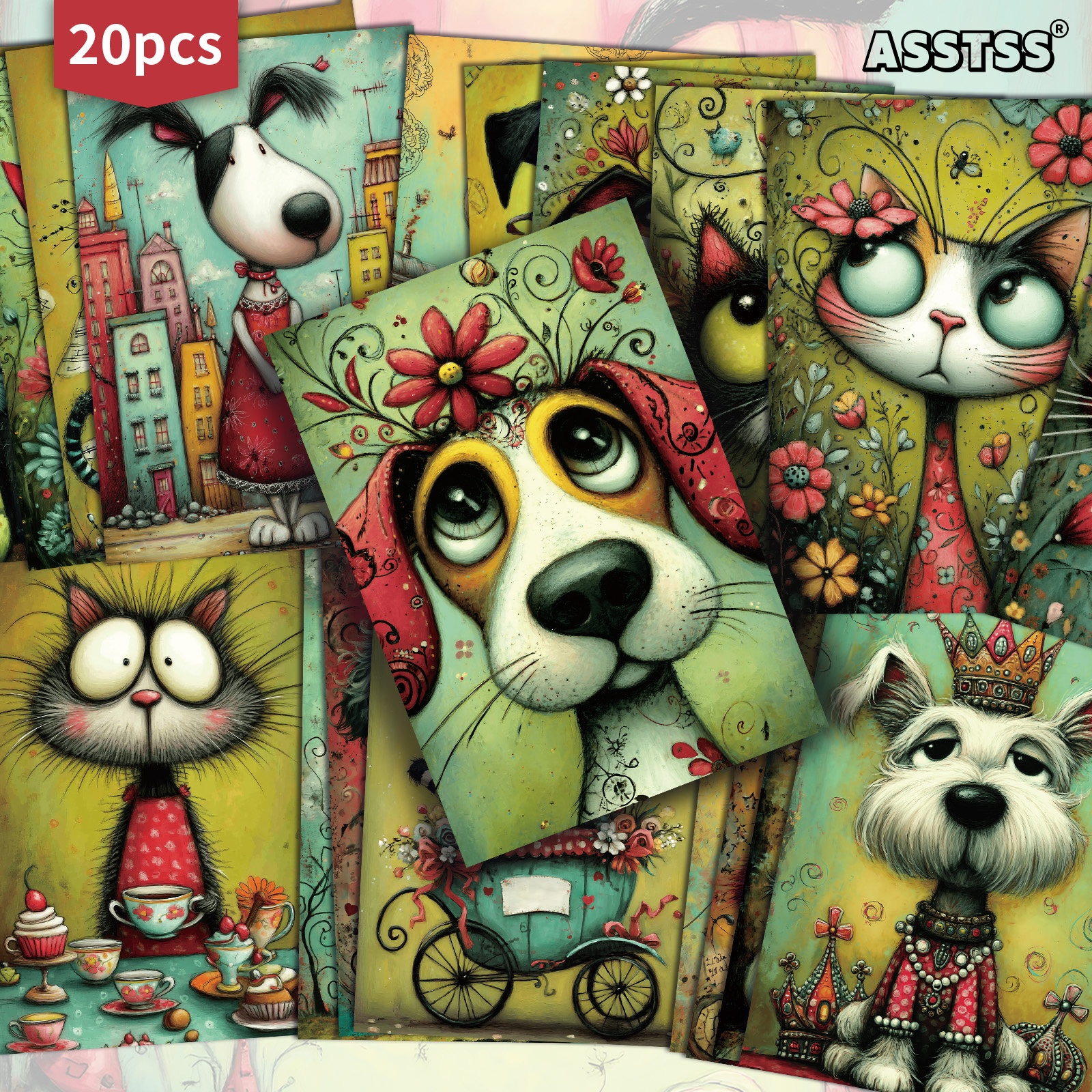TEMU 20-pack Asstss Vintage Whimsical Animals Postcards - 4x6 Inches Retro Junk Journal Supplies, Classic Pinup Illustrations Collectible Decorative