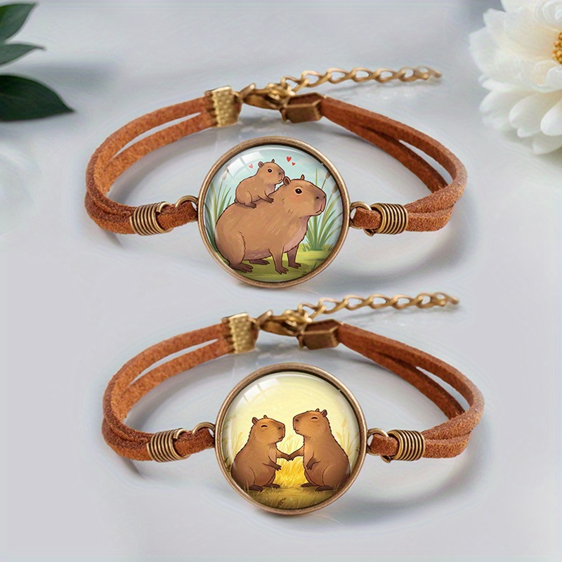 Image of 2pcs Men's Capybara Bangle Bangle Bracelet - Handmade Glass Cabochon Capybara Jewelry, Capybara-themed Gift Suitable For /christmas/thanksgiving, Wear For Daily Use & Vacations, -themed
