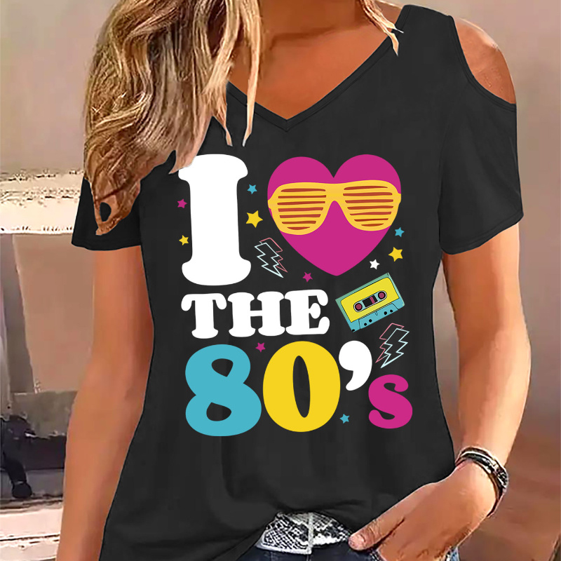 

Women's Retro 'i ' Graphic T-shirt - Off-shoulder V-neck, Short Sleeve, Casual Summer Top, Polyester, Machine Washable