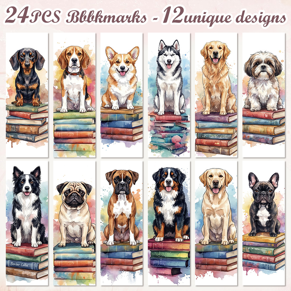 TEMU 24pcs Watercolor Dog Breed Paper Bookmarks, 12 Puppy On Books Page Markers, Aesthetic Reading Additions For , Dog Lovers And Enthusiasts
