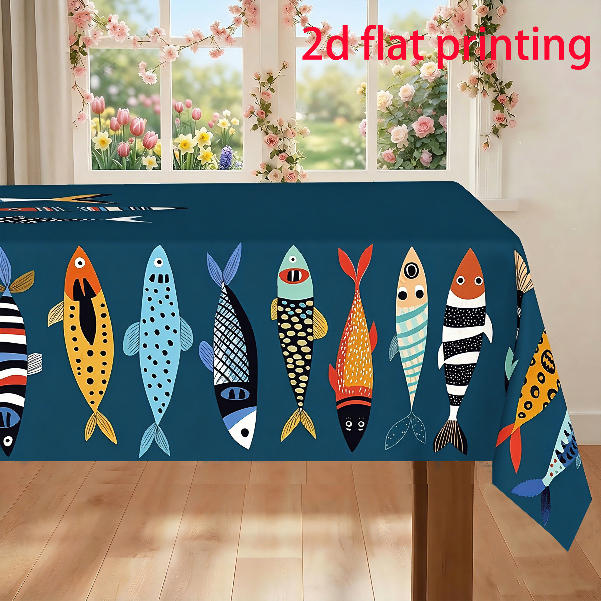 TEMU Tablecloth, 1pc, 2d Flat Rectangular Tablecloth With A Pattern Of Colorful Hand-painted On A Navy . Features For A Refreshing And Casual