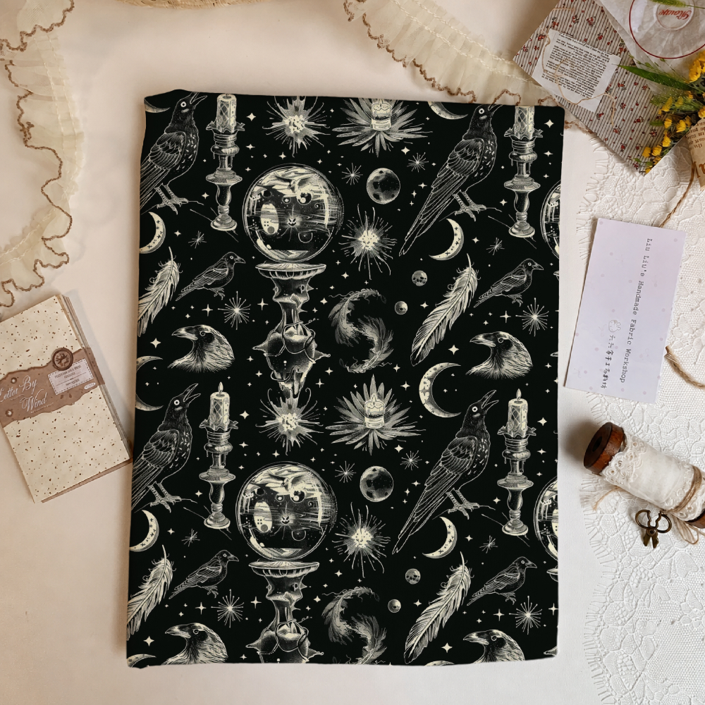 TEMU 1pc Mysterious Crow And Crystal Ball Pattern Fabric, Multiple Sizes Available, Soft And Comfortable Fabric, Diy All-polyester Handmade Fabric,