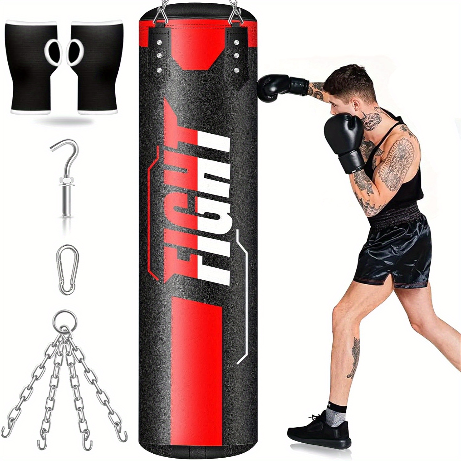 Hanging Punching Bag For Adults, 4FT PU Heavy Bag Boxing Training Equipment  With 12OZ Gloves, Reflex Ball, Wristband, Kicking Bag Boxing Set For