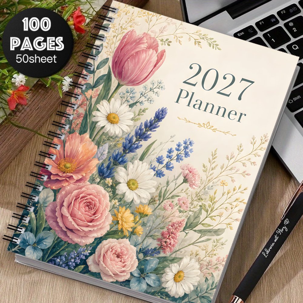 TEMU 1pc 2027 Weekly Planner Spiral Notebook, Aesthetic Watercolor Floral Weekly Planner With Goal And Habit Tracking Function, Weekly Reflection