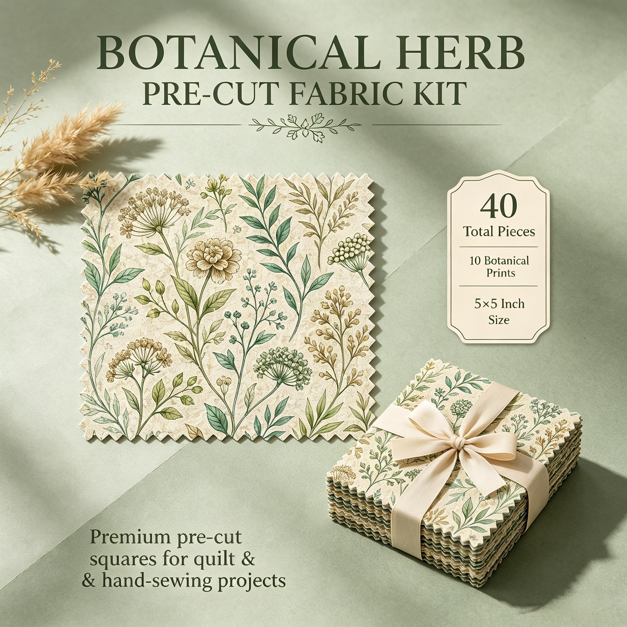 TEMU 40pcs Morandi Pack Fabric Set, Vintage Plant French Country Style 120g Polyester Pre Cut Quilting Fabric, 10 Designs Distressed Herbal Print For