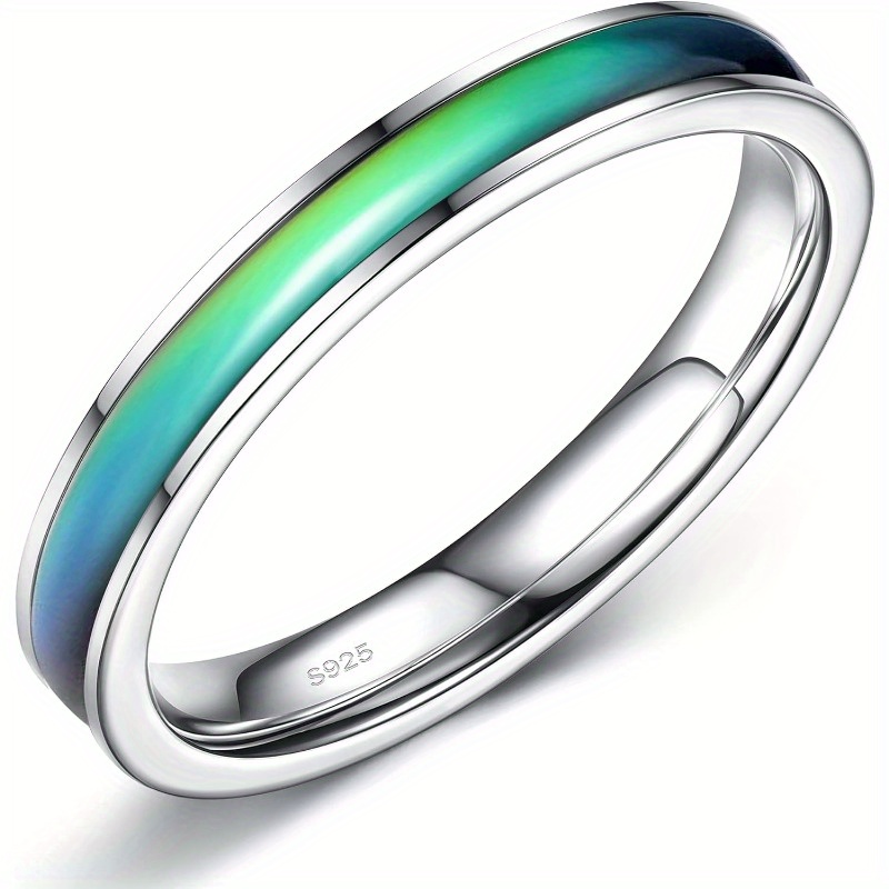 Image of 1pc 925 Sterling Silver Mood Rings For Women Men 3/4mm Engagement Wedding Bands Rings Trendy Promise Rings For Couple Temperature Sensitive Color Change Mood Rings