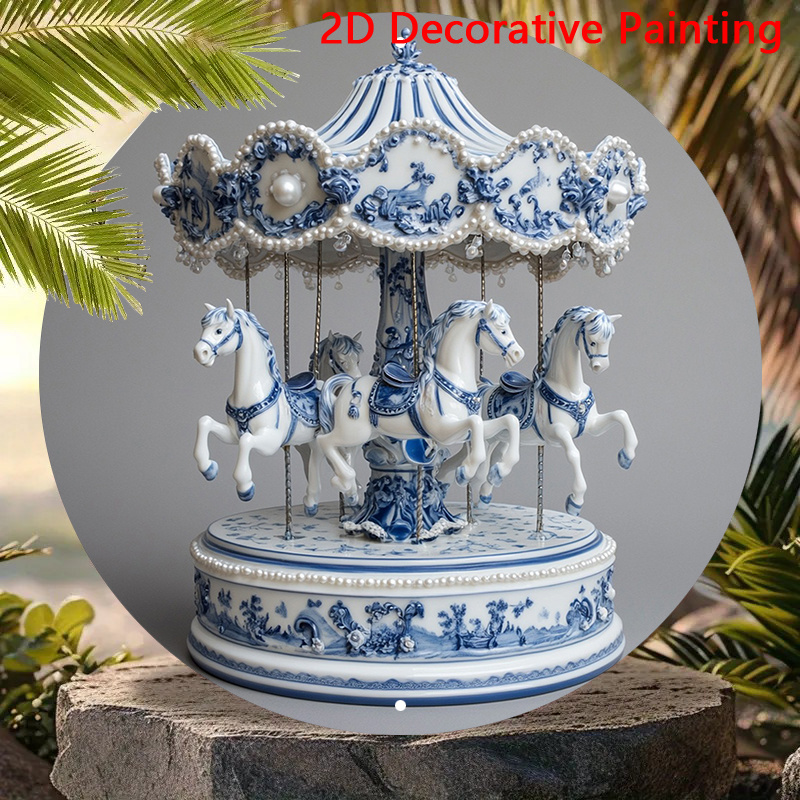 

2D 1pc, Carrousel en porcelaine bleue et blanche 8x8 pouces (20cm x 20cm) Panneau en aluminium, Couronne de fleurs ronde, Décoration pour et , Art de style ferme, Peinture décorative 2D