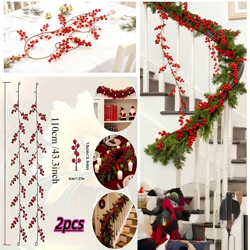TEMU 2pcs Total Length: 220cm Artificial Stems Garland Rustic Holiday Decor Berries Vine For Christmas Wedding Party Table Centerpiece Fireplace