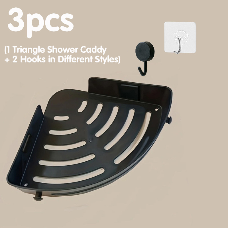 TEMU Ensemble de 3 pièces : 1 étagère d'angle triangulaire + 2 crochets de styles différents, étagère d'angle de salle de bain perçage, support de