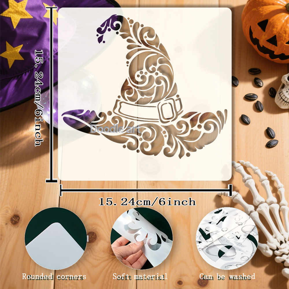 Template For A Halloween Witch Hat - Supplies For Witches - Floral Hat Design - Geometric Patterns - 15.2x15.2cm - Template For Magical-themed Painting Projects, Crafts, Furniture