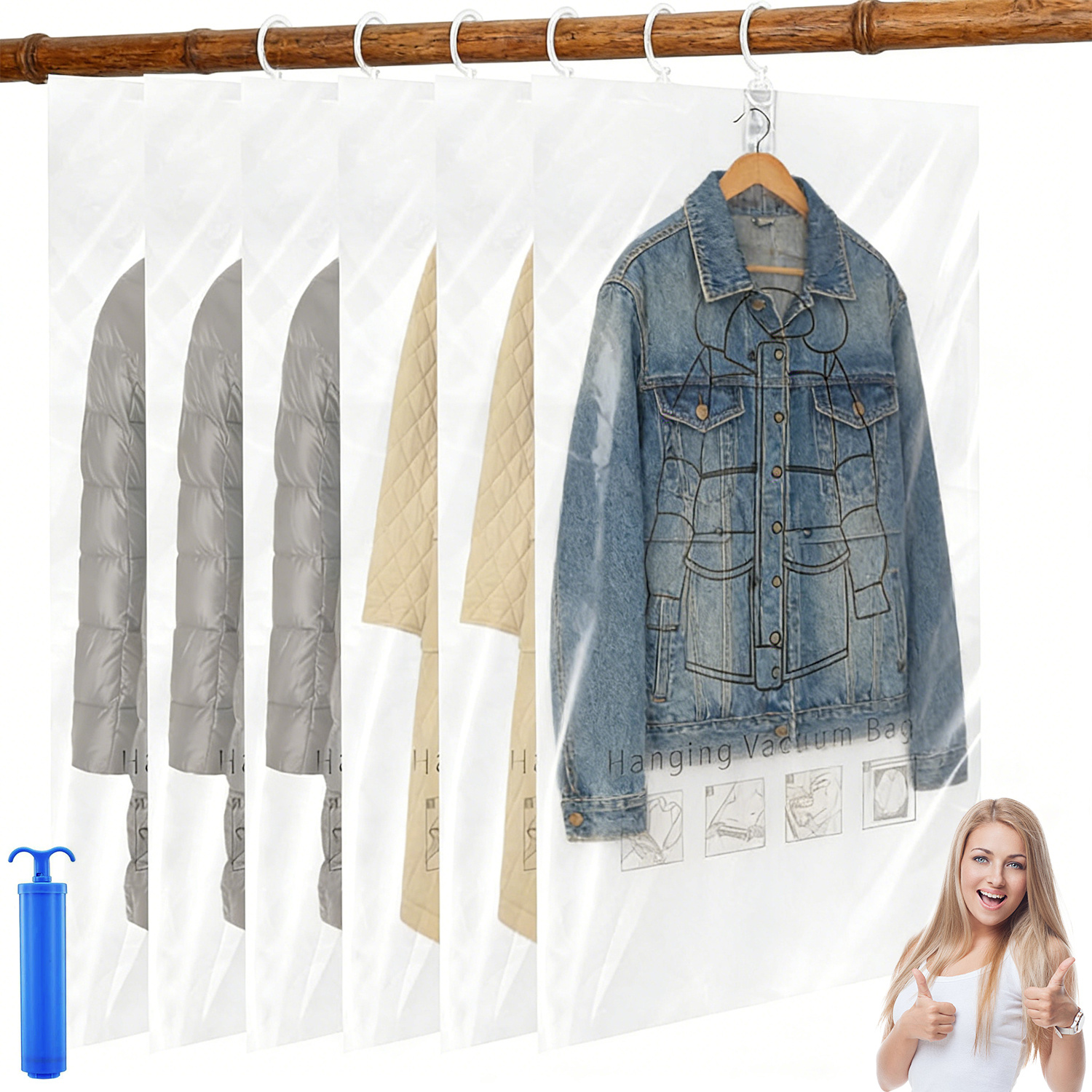 6pcs Hanging Vacuum Storage Bag Set - Large Capacity With Hand Pump Included. Quilts And Down Jackets Wrinkle-free; Space- Wardrobe Storage Solution.