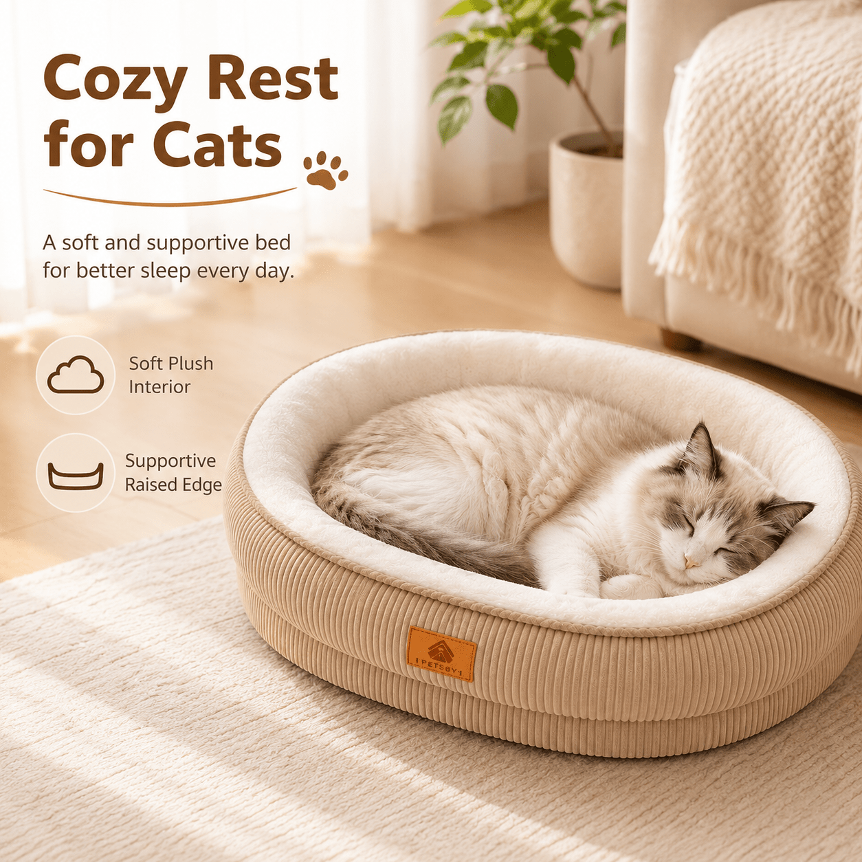 Corduroy Pet Bed, Soft Plush Oval Bed with Raised Bolster, Cozy Washable Cushion, Suitable for Cats & Small/Medium Dogs, Puppies, Chihuahuas, Shih Tzus, Dog Bedding