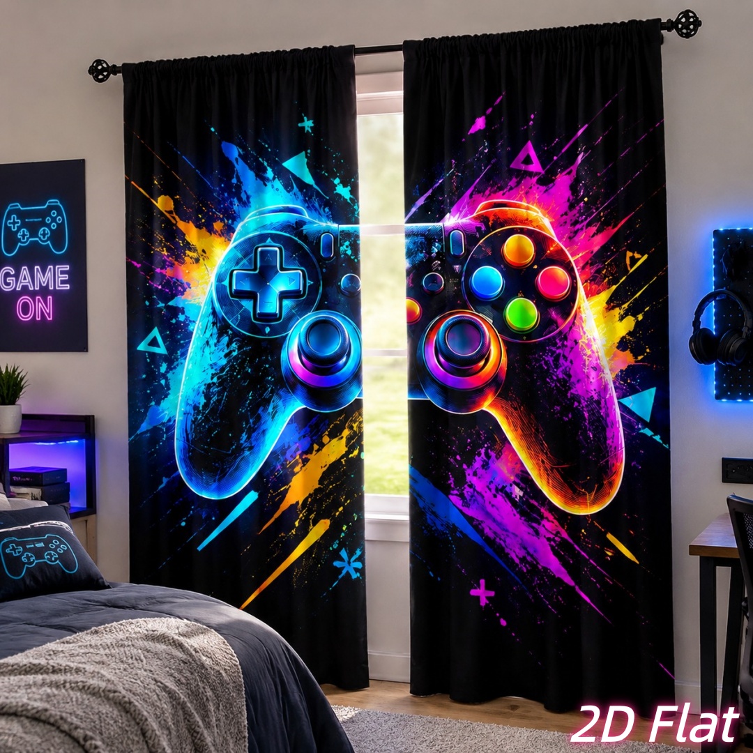 Image of 2d Flat, 2d Flat Printing 2pcs Gaming Controller Curtains, Vibrant Neon Splash Art, For Game Room Bedroom Decoration, , Light Filtering, Easy To Clean, 2d Flat