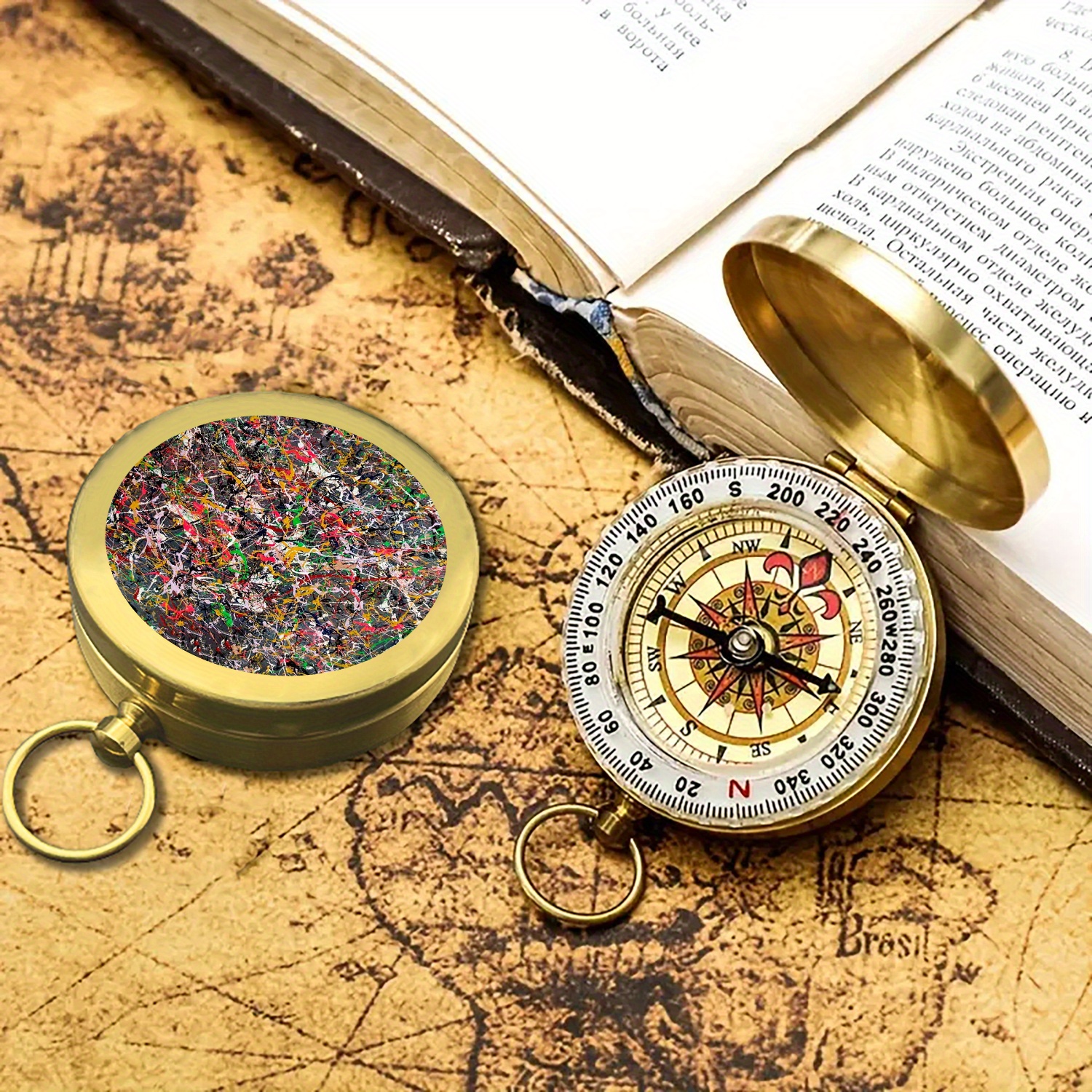 Portable Copper Pocket Compass with Famous Paintings Design