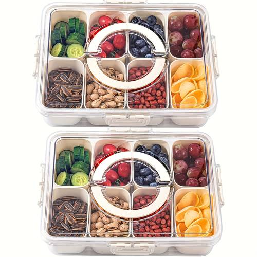 8 compartment portable snack tray made of transparent pp material with snap closures and a lid for airtight storage used as a container for organizing fruits snacks vegetables and other refrigerated foods