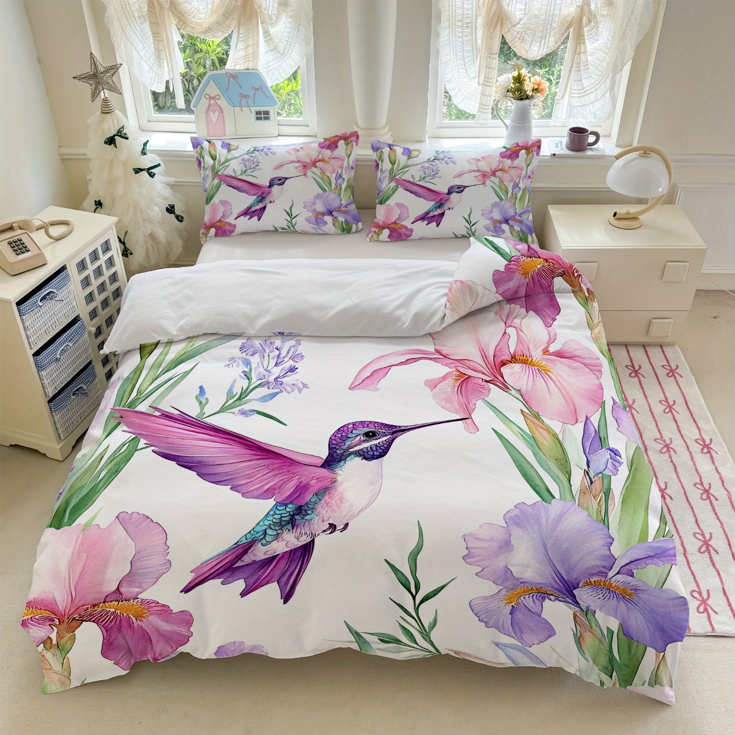 TEMU 3 pièces Literie Aquarelle et Fleurs, Blanche Fleurs (1 Housse de Couette 2 Taies d'Oreiller, Garniture) pour Chambre à Coucher