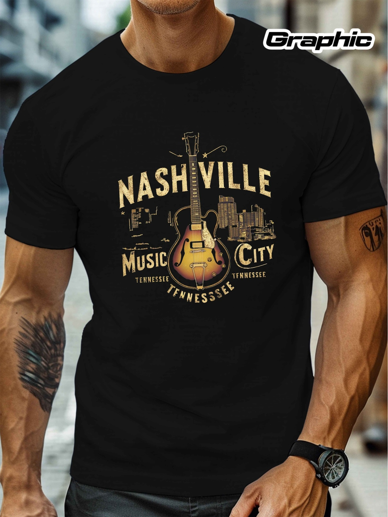 1 nashville   pattern t shirt mens casual crew neck short sleeve t shirt knitted summer top with geometric guitar illustration