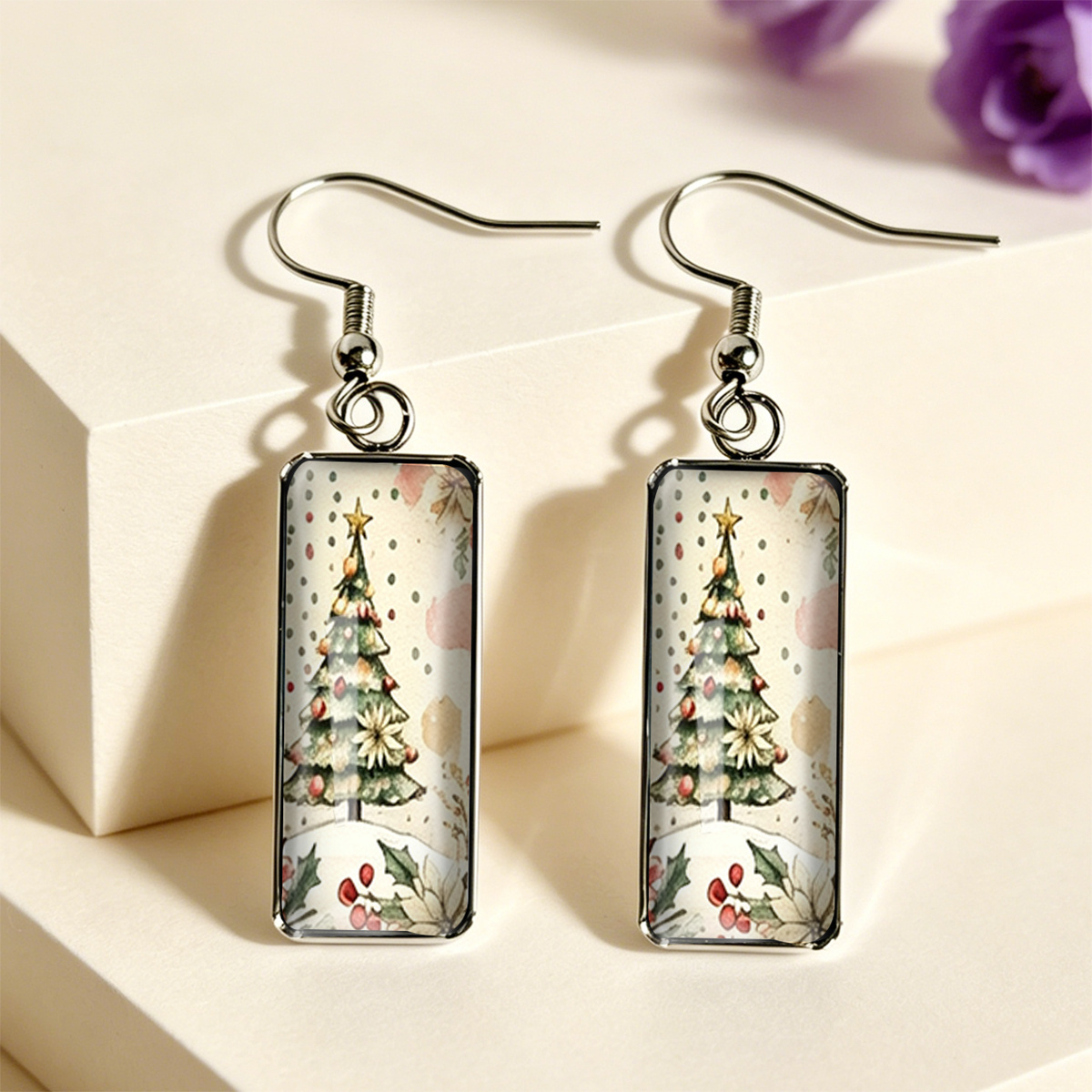 TEMU 1 Pair Vintage Watercolor Decorative Christmas Tree Pattern Cozy Distressed Christmas Holiday Atmosphere Rectangular Stainless Gem Earrings
